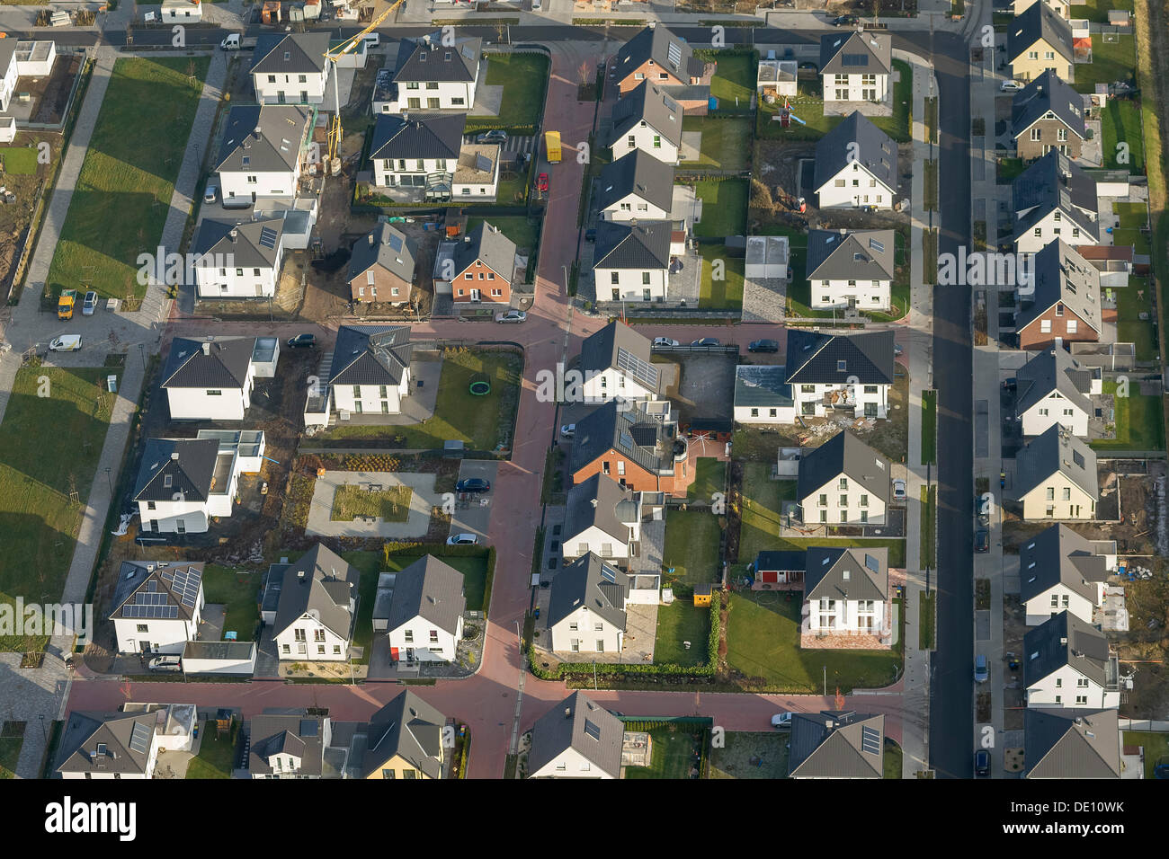 Vue aérienne, des maisons isolées, nouvelle construction domaine Maybacher Heide Banque D'Images