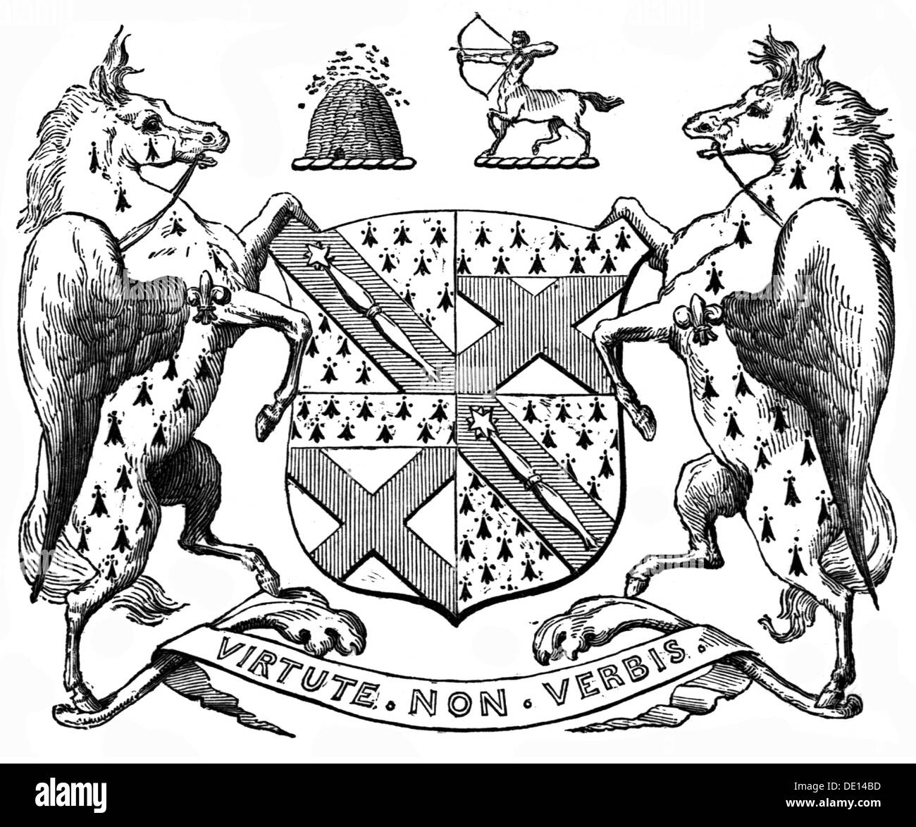 heraldry, armoiries, Grande-Bretagne, armoiries du marquis de Lansdowne, gravure en bois, 19e siècle, famille Petty-Fitzmaurice, Petty Fitzmaurice, escutcheon, supporter, supporters, ermine, croix, croix de Saint-André, croix diagonale, devise, motos, dire, bancerole, fabuleux animal, fabuleux animaux, fabuleux, besticurie, potis, potis, potis, potis, potis, potis, potis, potis, potis, potis, potis, potis, potis, potis, potis, potis, potis, potis Pair de Grande-Bretagne, historique, historique, droits additionnels-Clearences-non disponible Banque D'Images