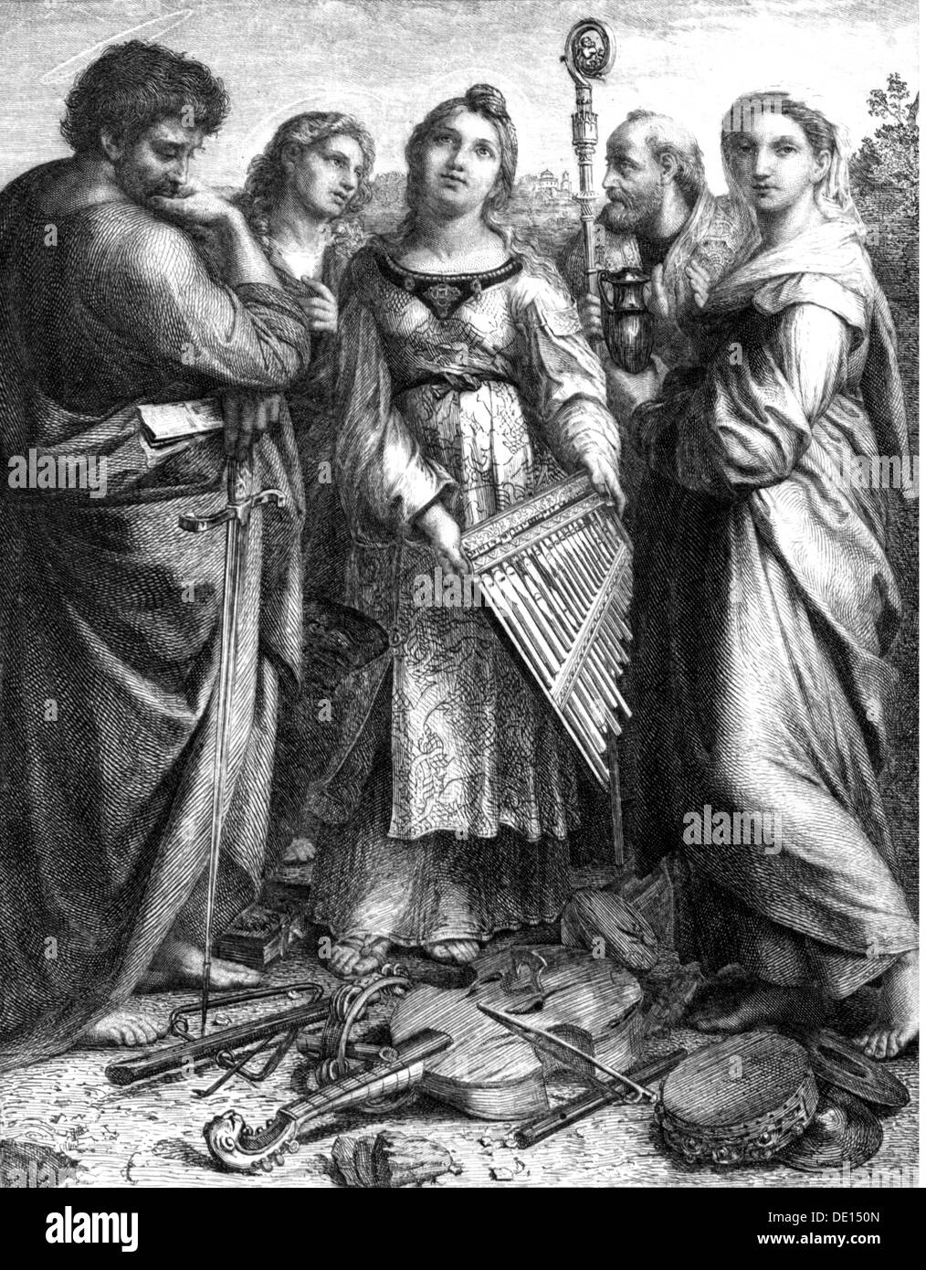 Caecilia, vers 200 - 22.11.230, femme noble romaine, Saint, Saint patron de la musique sacrée (centre), avec Saint Paul, évangéliste John, Augustine d'Hippo et Marie Magdalene, gravure en bois, XIXe siècle, après la peinture de Raphaël, 1515, Banque D'Images