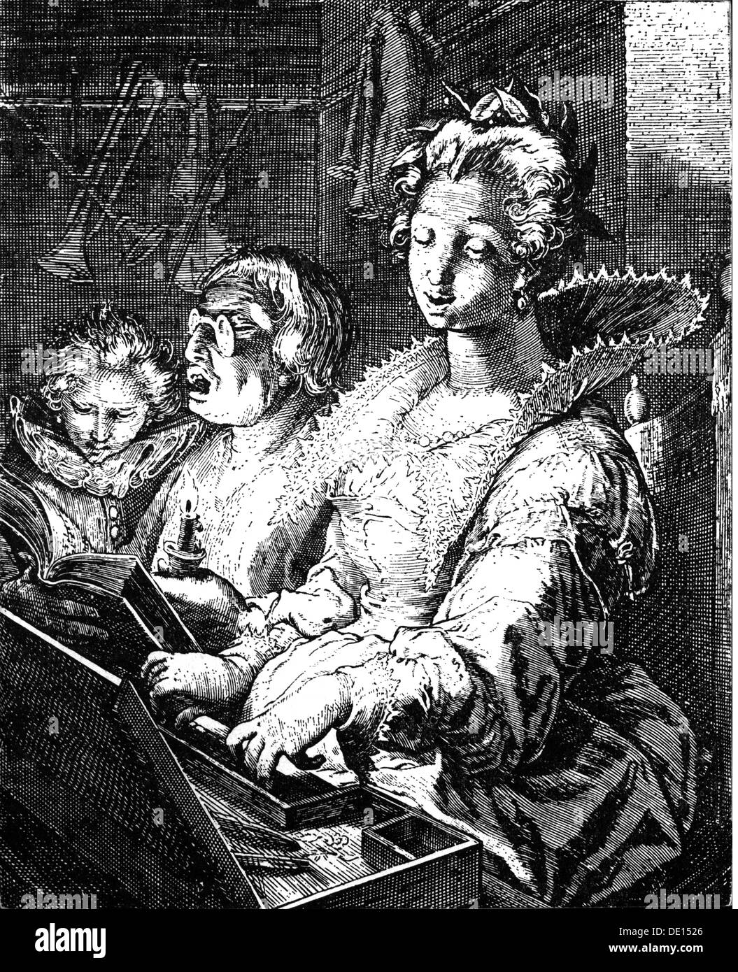 La musique, musicien, dame à l'clavicord, gravure sur cuivre par Hendrick Goltzius, vers 1600, l'artiste n'a pas d'auteur pour être effacé Banque D'Images