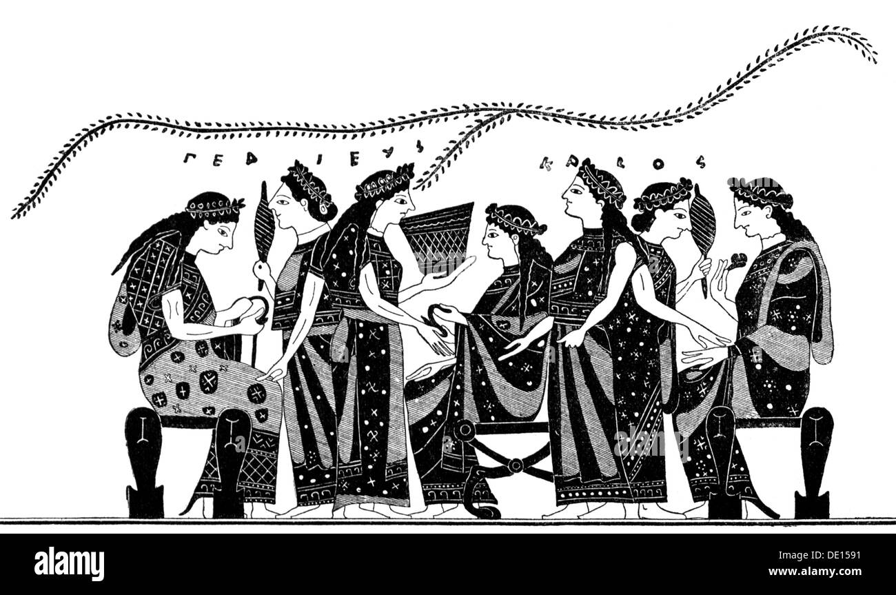 Mode, monde antique, Grèce, vêtements archaïques pour femmes, gravure en bois, de: Hugo Blümner, 'Leben und Sitten der Griechen', Leipzig - Prague, 1887, droits additionnels-Clearences-non disponible Banque D'Images