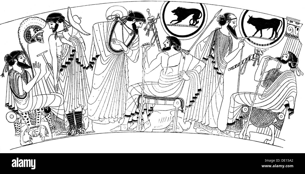 Mode, monde antique, Grèce, vêtements pour hommes, après la peinture de vase par Brygos, 5e siècle av. J.-C., gravure en bois, 19e siècle, 19e siècle, graphique, grec, grec, vêtements, tenue, tenues, demi-longueur, debout, assis, assis, barbe, barbes, mode pour hommes, tunique, monde ancien, temps anciens, historique, historique, homme, hommes, hommes, monde ancien, monde ancien, monde ancien Droits supplémentaires-Clearences-non disponible Banque D'Images