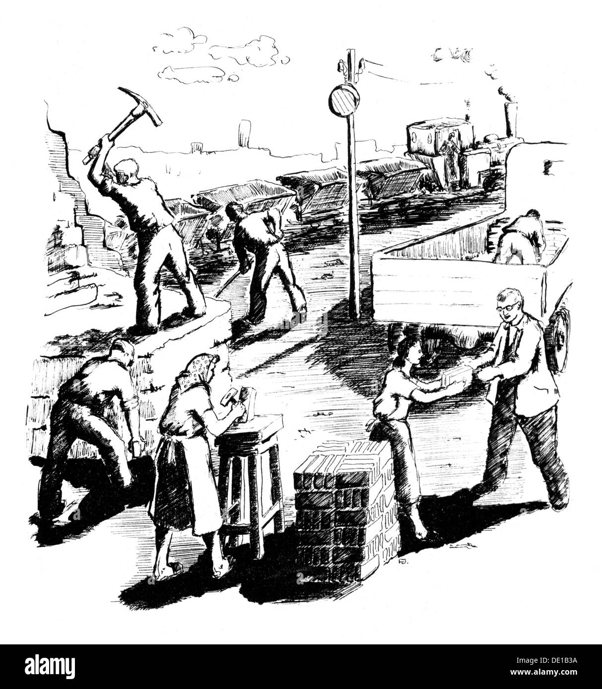 Période d'après-guerre, reconstruction, illustration à 'Aufbaulied' ('reconstruction Song'), livre-compositeur, 'Wir singen neue Lieder' ('nous chantons de nouvelles chansons'), Conseil central de la Jeunesse allemande libre: Verlag Junge Welt, années 1950, droits additionnels-Clearences-non disponible Banque D'Images