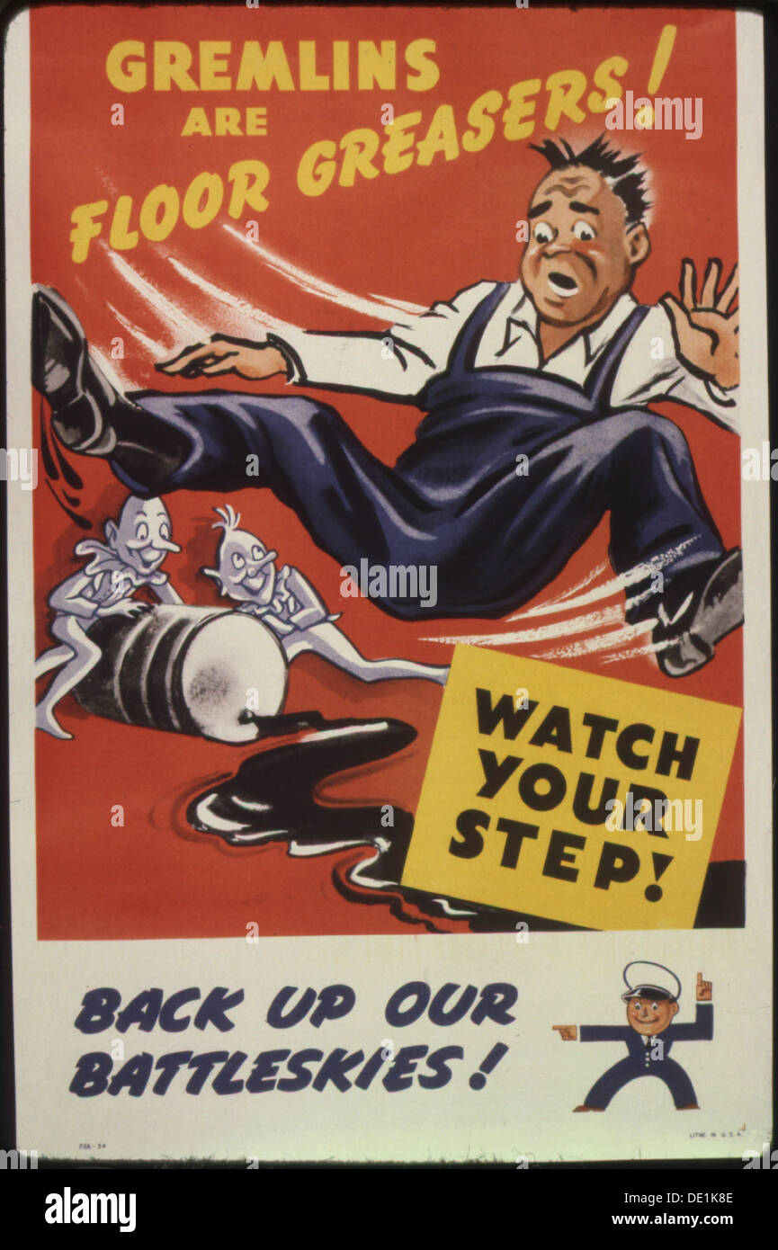 Cette affiche de propagande de la seconde Guerre mondiale avertit les soldats des dangers potentiels, en utilisant l'humour et le concept de « gremlins » comme graisseurs de sol pour mettre l'accent sur la sécurité et la vigilance dans les cuirassés. Il encourage les soldats à rester vigilants et à donner la priorité à la sécurité. Banque D'Images