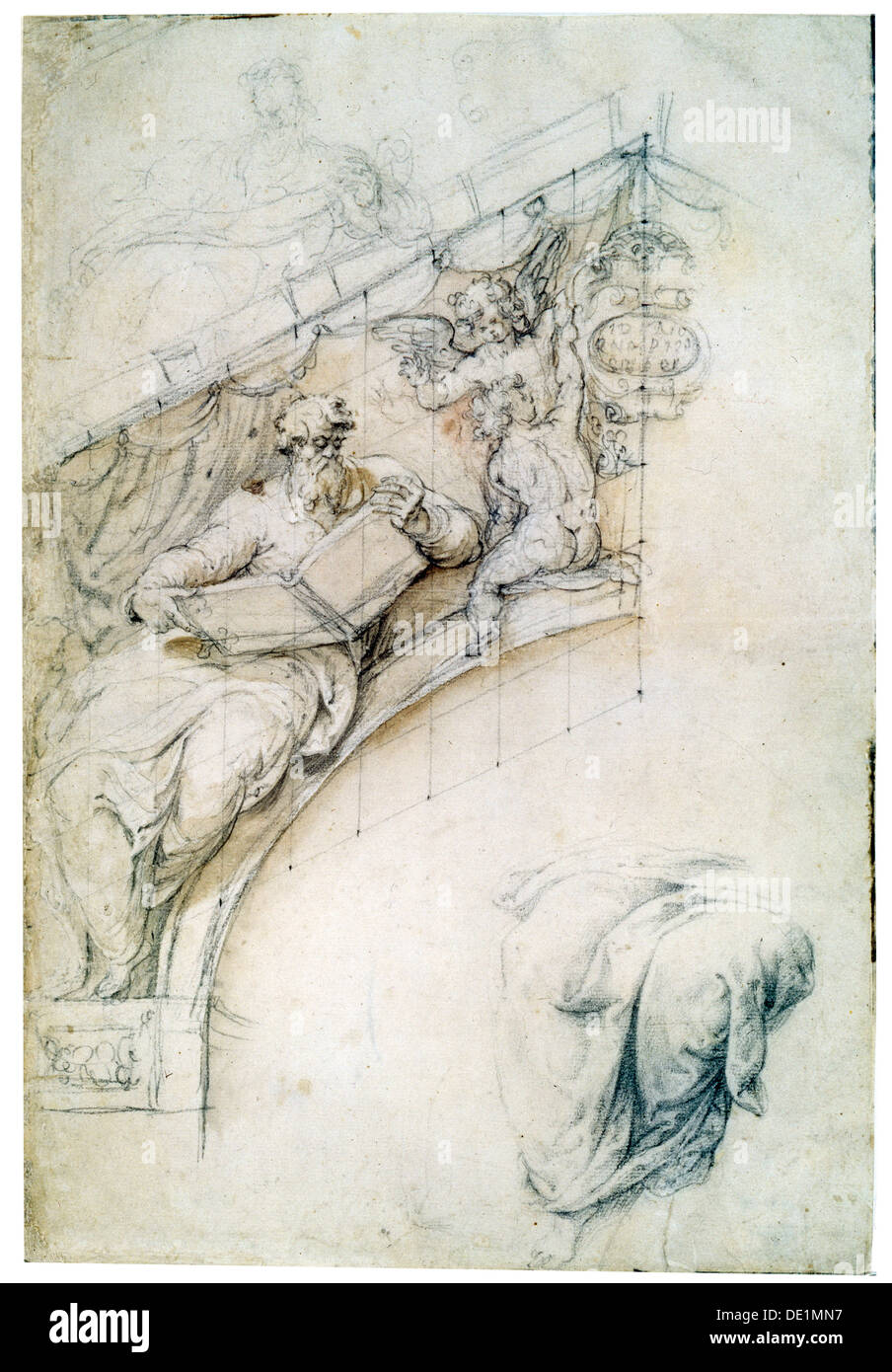 'Decoration d'un mur sur une arche d'entrée avec un prophète et deux Puttos', c1525. Artiste : Perino del Vaga Banque D'Images
