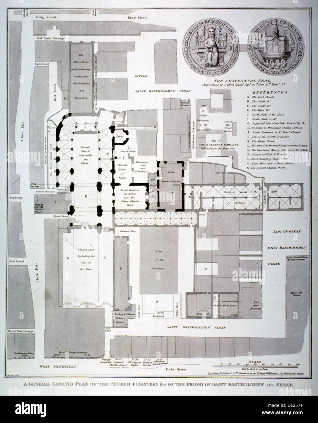 Plan Masse de St Bartholomew's Priory, Smithfield, ville de Londres, 1821. Artiste : Bourne T Banque D'Images