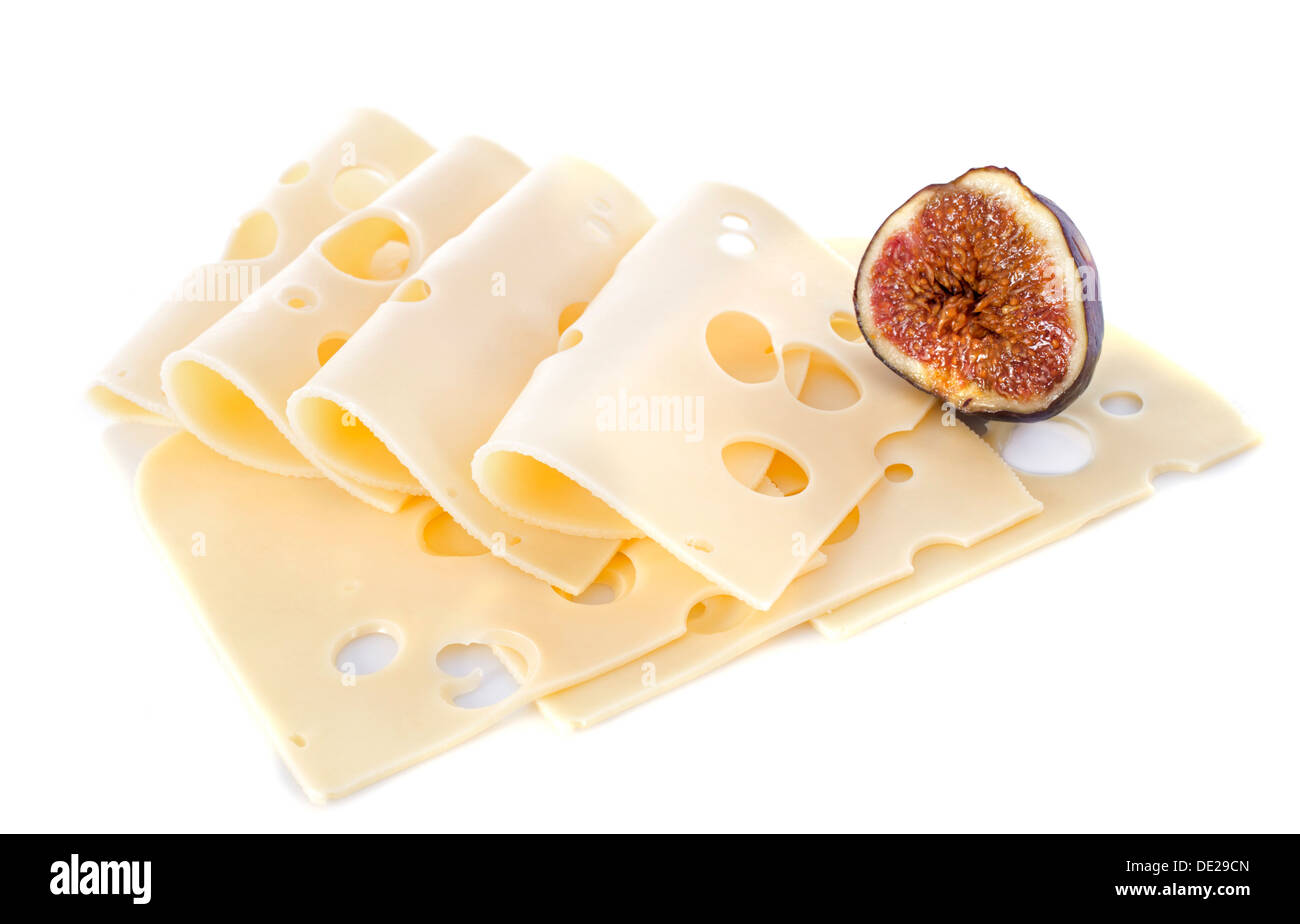 Gruyère et fig in front of white background Banque D'Images