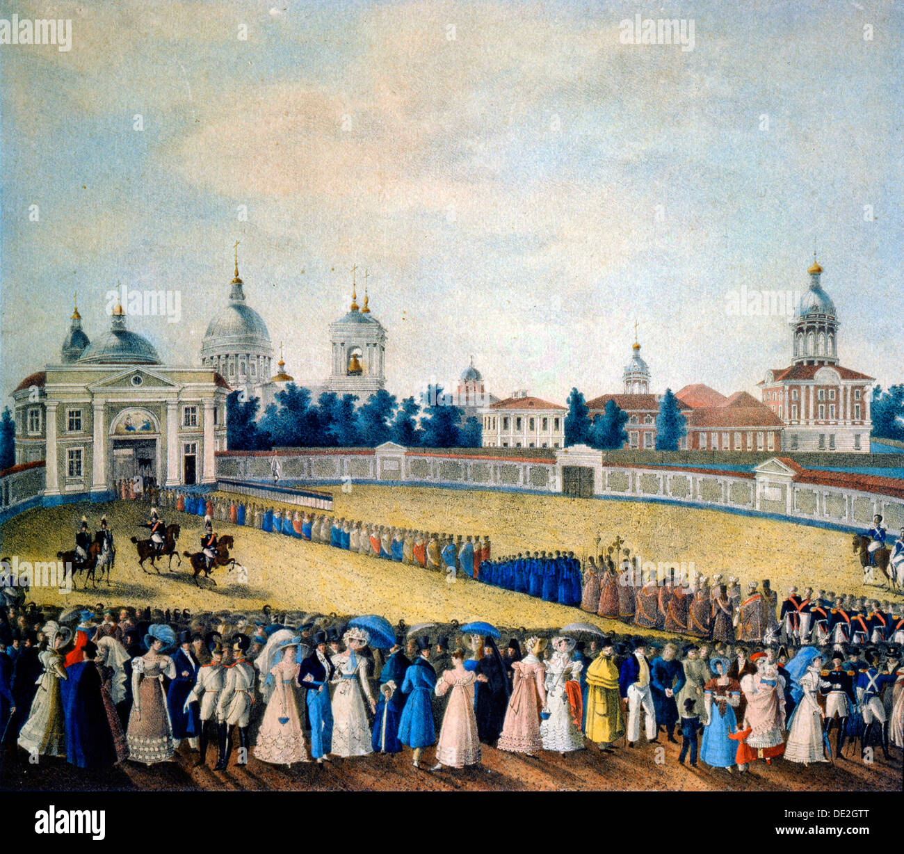 'Visite du Tsar Alexandre I de la Monastère Alexandre Nevsky', 1821. Artiste : Maître Russe Banque D'Images