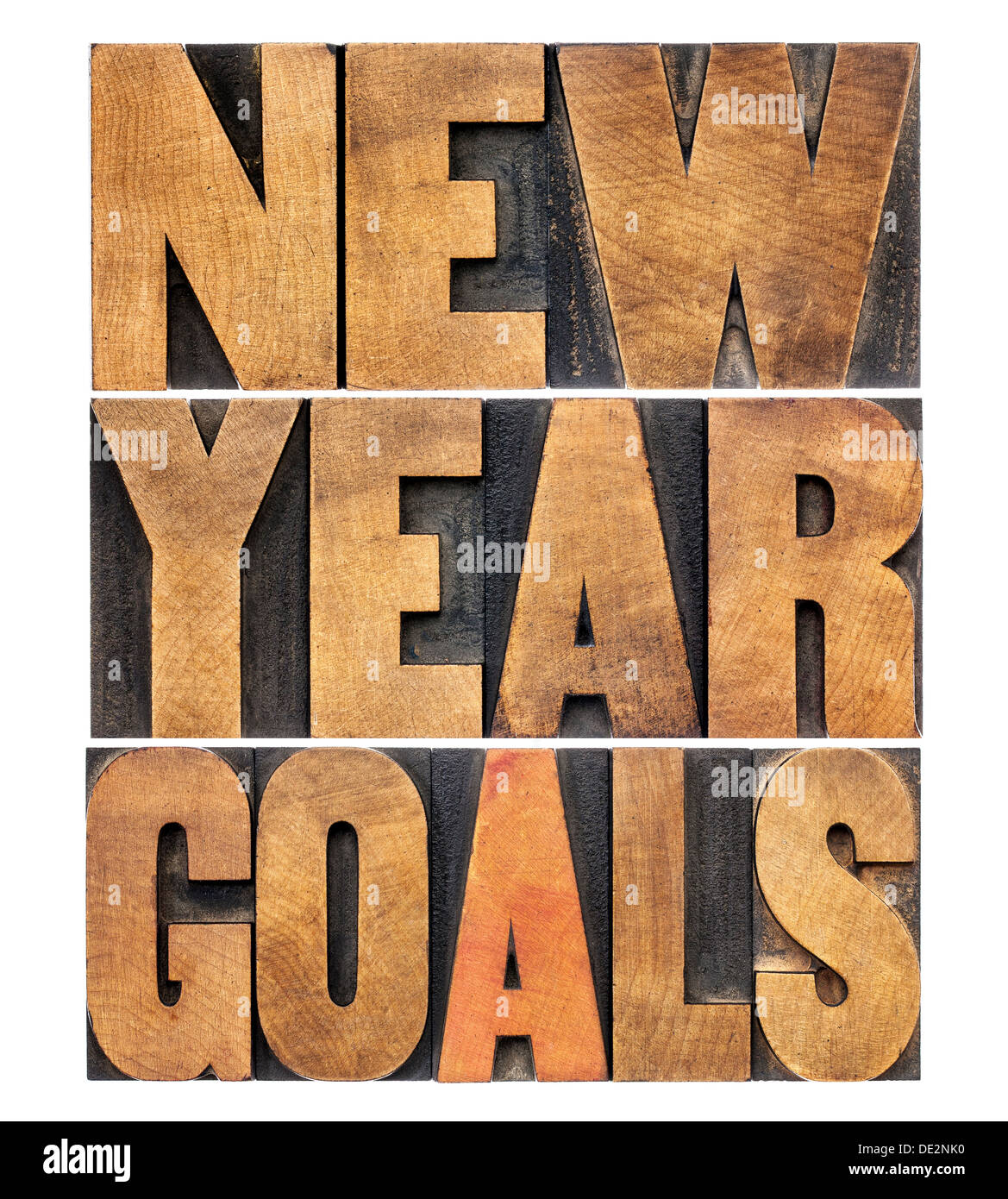 Objectifs de la nouvelle année - résolution concept - texte isolé en bois type letterpress Banque D'Images