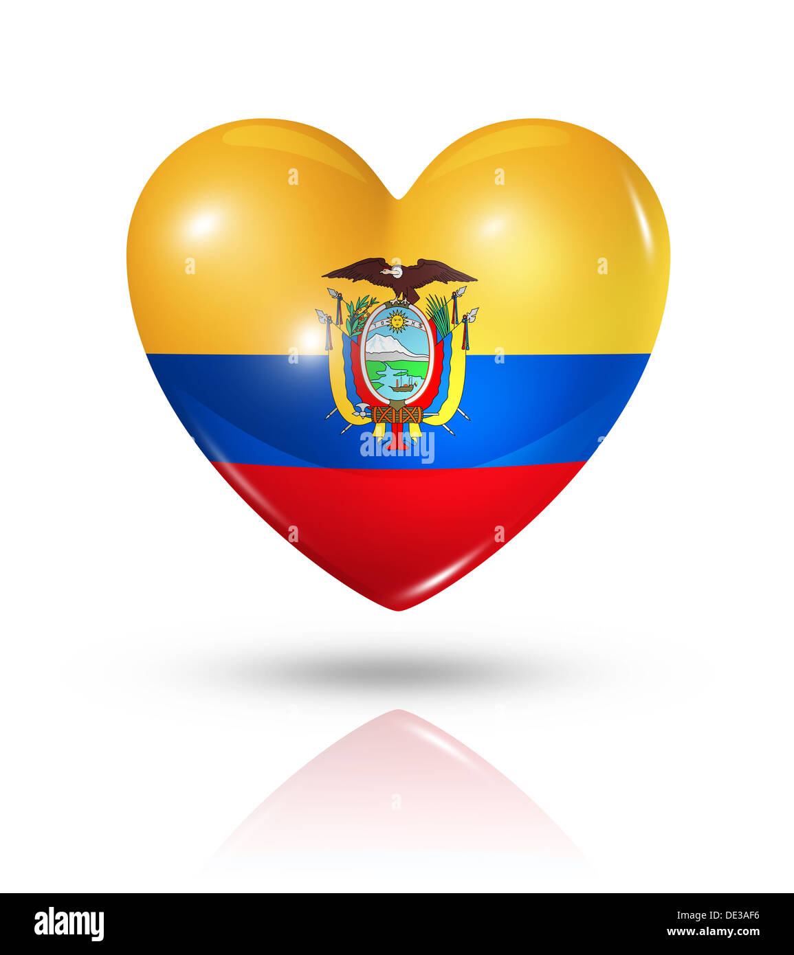 Symbole d'amour de l'Équateur. Coeur 3D icône drapeau isolated on white with clipping path Banque D'Images