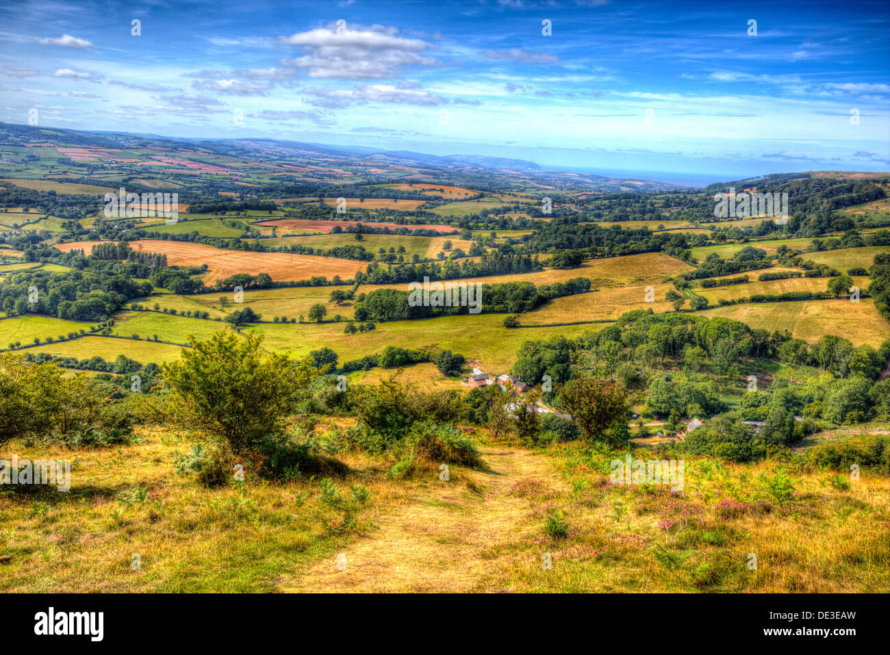 Vue de collines de Quantock Somerset Angleterre vues vers Bristol Channel en couleurs frappantes avec HDR Banque D'Images