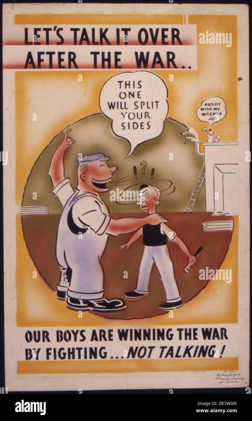 Cette affiche de propagande datant de la seconde Guerre mondiale souligne l’importance de l’action plutôt que des mots, soulignant que le succès de l’armée repose sur le combat, et non sur la parole, et exhorte les civils à soutenir l’effort de guerre en se concentrant sur des contributions concrètes. Banque D'Images