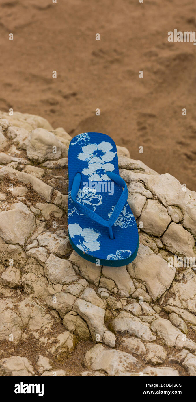 Seul Flip Flop sur un rocher sur une plage Banque D'Images