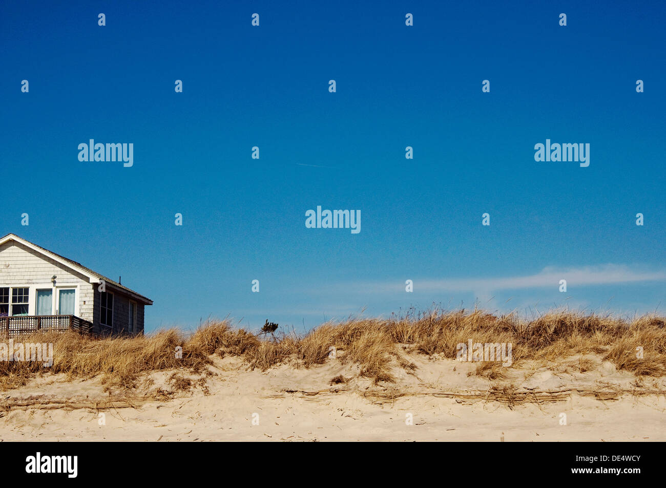 Lone Beach house à Montauk assis sur des dunes de sable d'érosion Banque D'Images
