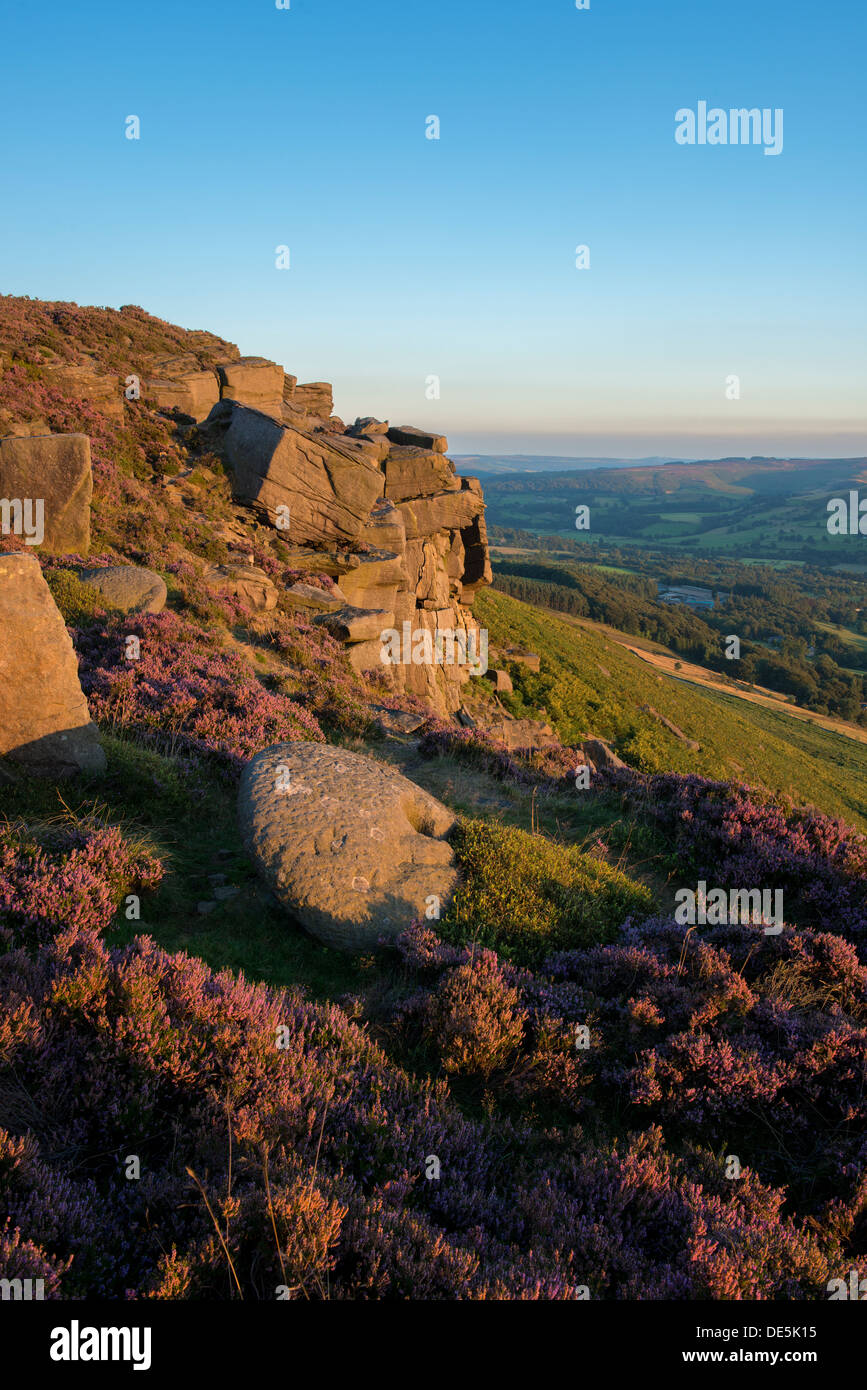 Heather entoure une meule sur Bamford Edge avec le village de Bamford ci-dessous. Peak District, Derbyshire, Angleterre Banque D'Images