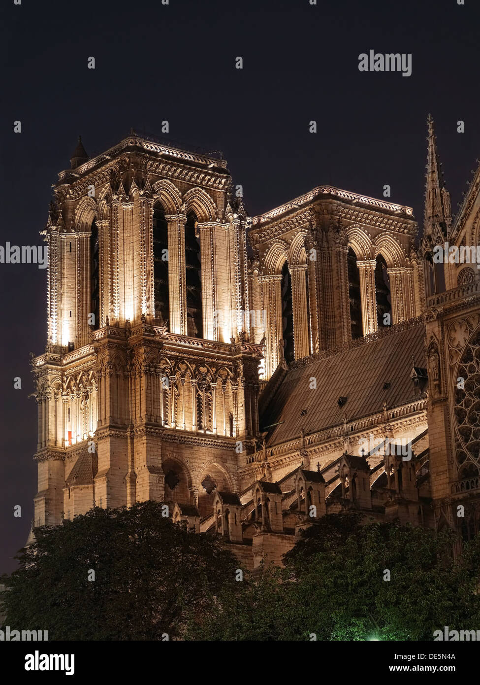 Tours jumelles de la Cathédrale Notre Dame de Paris illuminé de nuit Banque D'Images