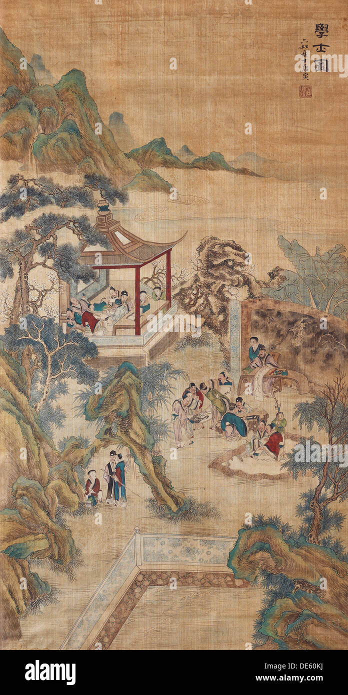 Des études universitaires dans un jardin (Hanging scroll). Artiste : maître chinois Banque D'Images