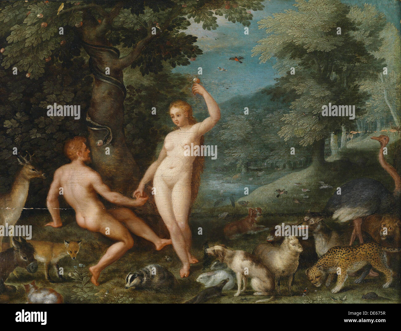 Paysage paradisiaque avec Eve tentant Adam. Artiste : Brueghel, Jan, le jeune (1601-1678) Banque D'Images