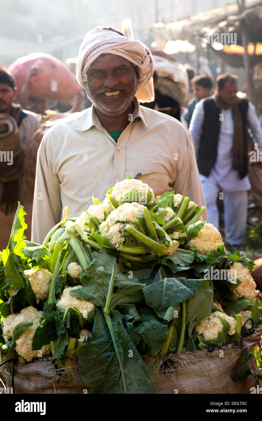 L'Inde, Uttar Pradesh, Agra, l'homme, marché aux légumes choux-fleurs en vente Banque D'Images