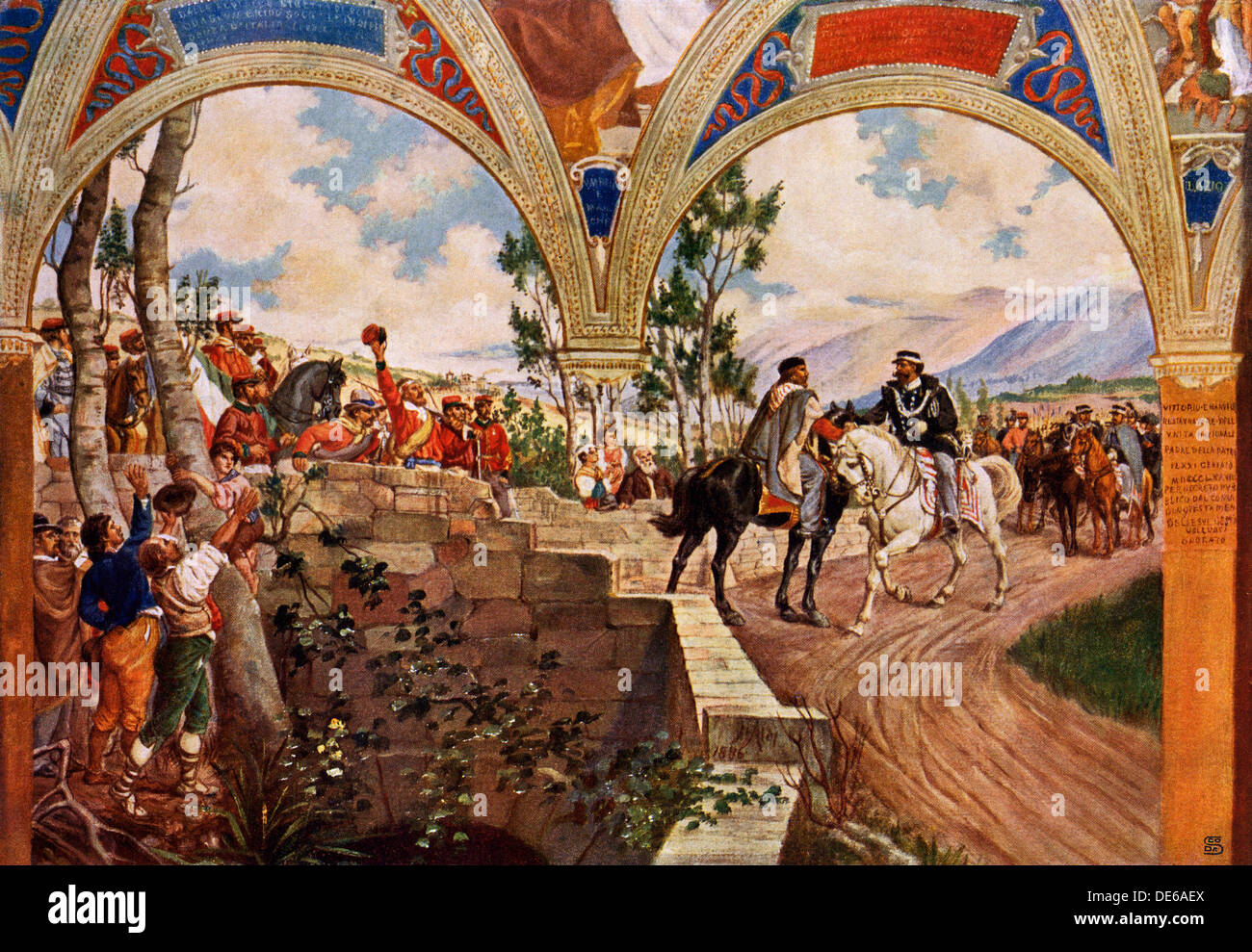 Réunion Garibaldi Victor-Emmanuel II, qui fut proclamé Roi d'Italie, 1861. Demi-teinte couleur reproduction d'une peinture Banque D'Images
