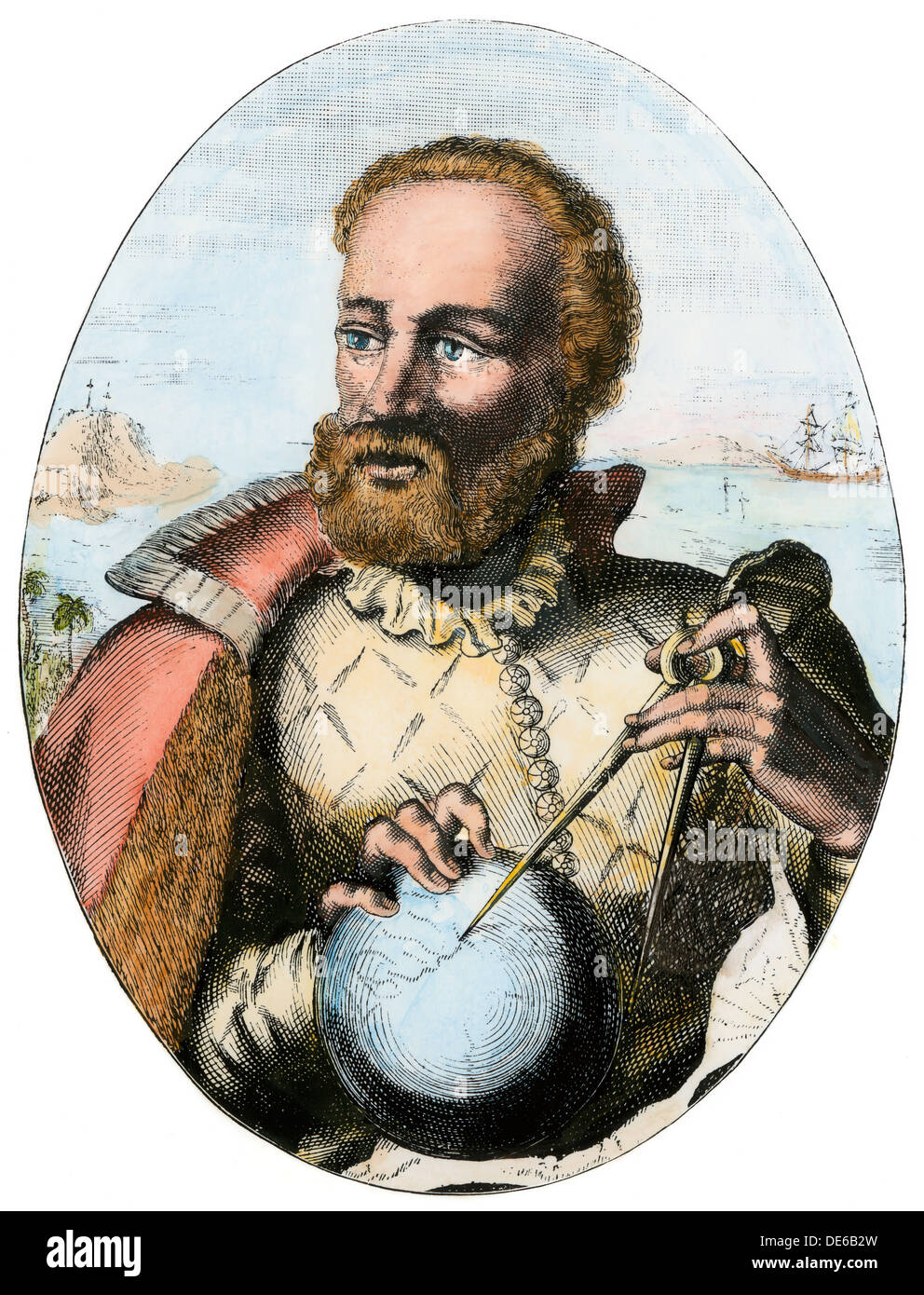 L'explorateur portugais Ferdinand Magellan tenant les instruments de navigation. À la main, gravure sur bois Banque D'Images