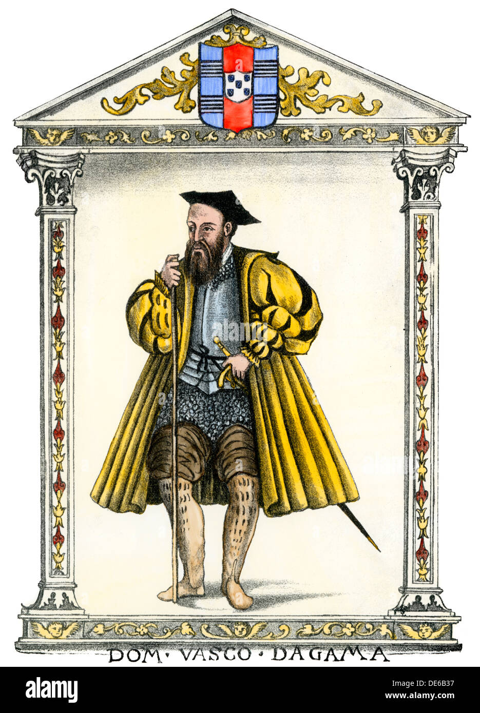 Le navigateur portugais Vasco da Gama, portrait complet. À la main, gravure sur bois Banque D'Images