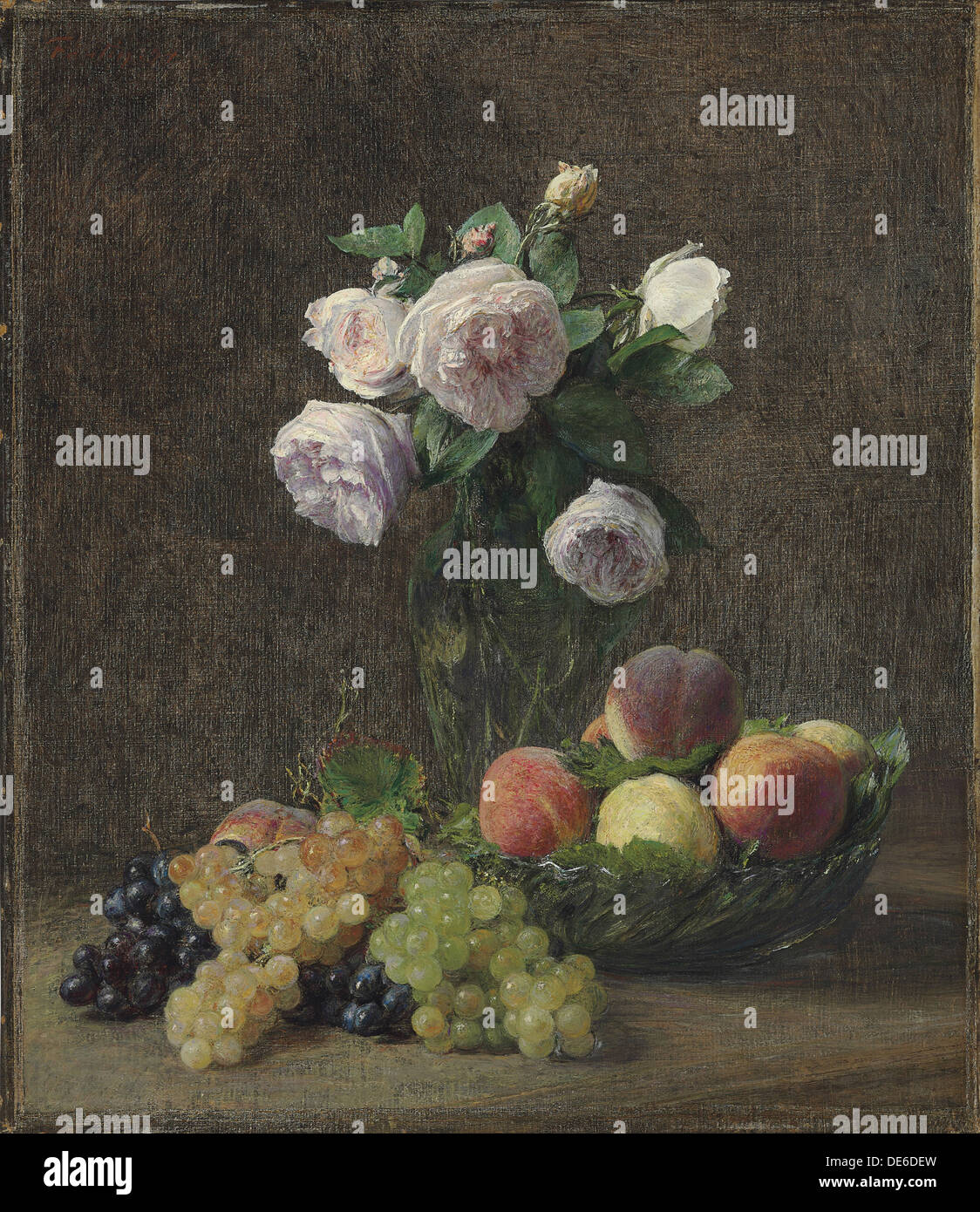 Vase de roses, pêches et raisins, 1894. Artiste : Fantin-Latour, Henri (1836-1904) Banque D'Images