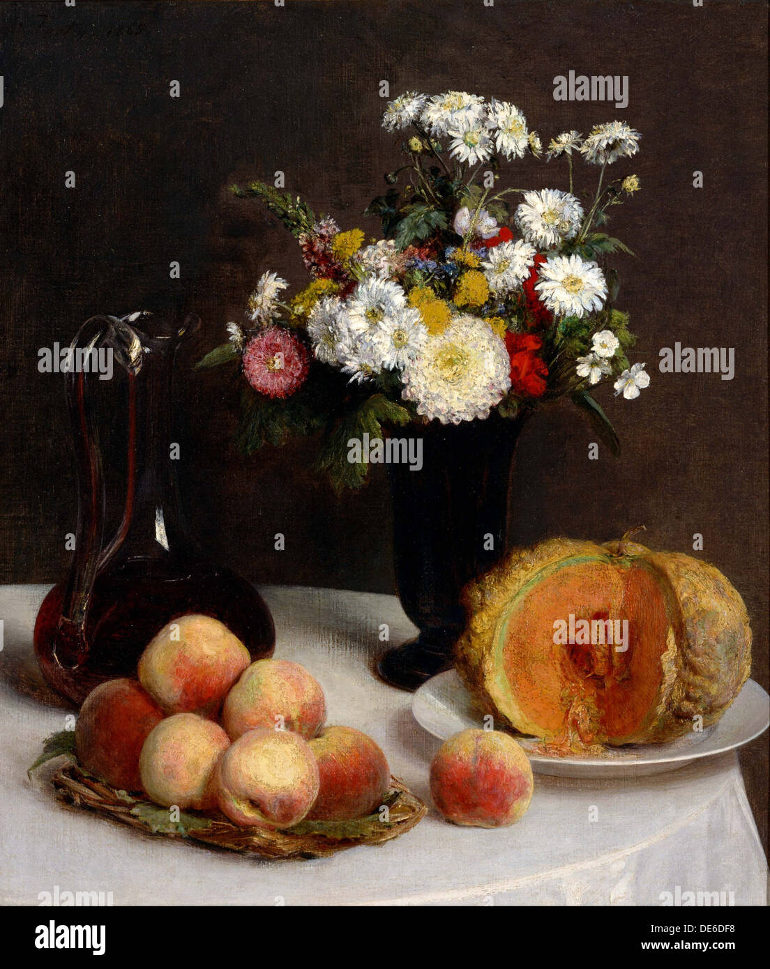 Nature morte à la carafe, fleurs et fruits, 1865. Artiste : Fantin-Latour, Henri (1836-1904) Banque D'Images