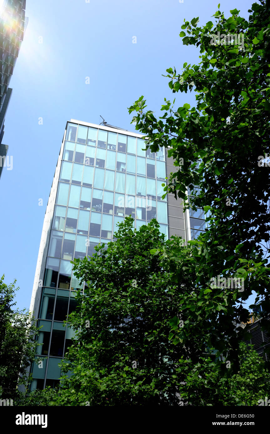 21e siècle verre à Fenchurch dans la ville de Londres, encadré par ciel bleu et vert des arbres Banque D'Images
