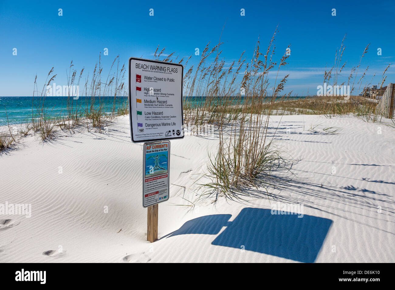 Sur les panneaux d'avertissement météo informe beach flags et rip dangers actuels à Gulf Breeze Banque D'Images