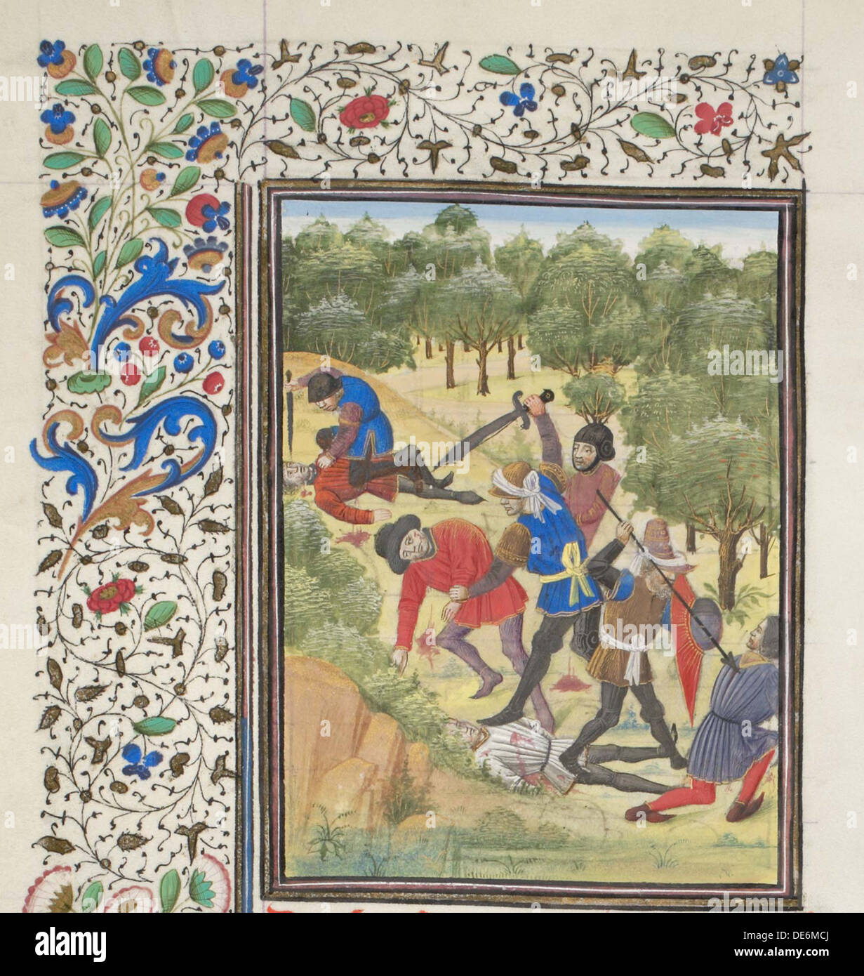Combattre dans un bois entre chrétiens et sarrasins. Historia de la Miniature par Guillaume de Tyr, 1460s. Artiste : Anonyme Banque D'Images