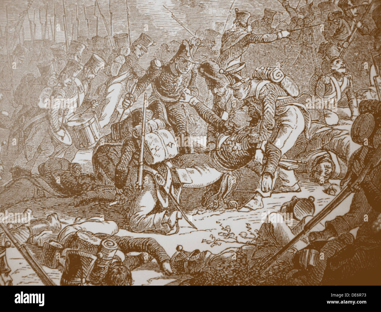 Mort du général Gudin à la bataille de Valutino, années 1830. Artiste : Henri Félix Emmanuel Philippoteaux, (1815-1884) Banque D'Images