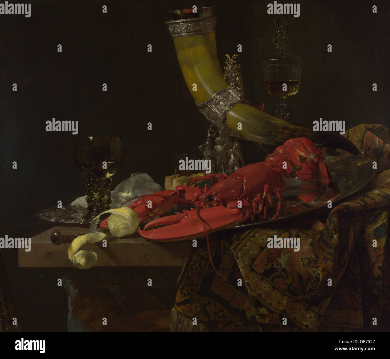 La vie toujours avec le Drinking-Horn de la Guilde des Archers de Saint-Sébastien, le homard et les verres, c. 1653. Artiste : Kalf, Willem (1619-1693) Banque D'Images