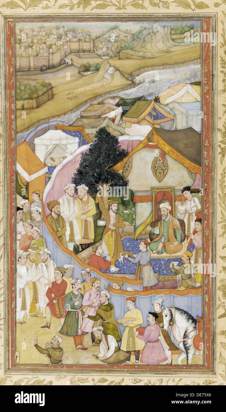 Da'ud reçoit une robe d'honneur de Munim Khan (à partir de l'illustration Akbarnama), ca 1604. Artiste : Hiranand (actif début 17e cen.) Banque D'Images