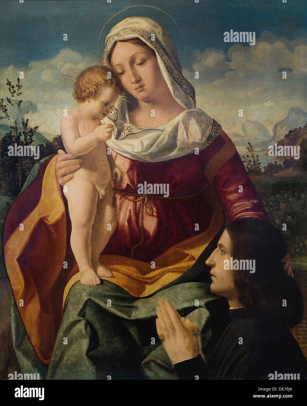 Vierge à l'enfant avec un donateur, 1504. Artiste : Andrea Previtali, (ca 1480-1528) Banque D'Images