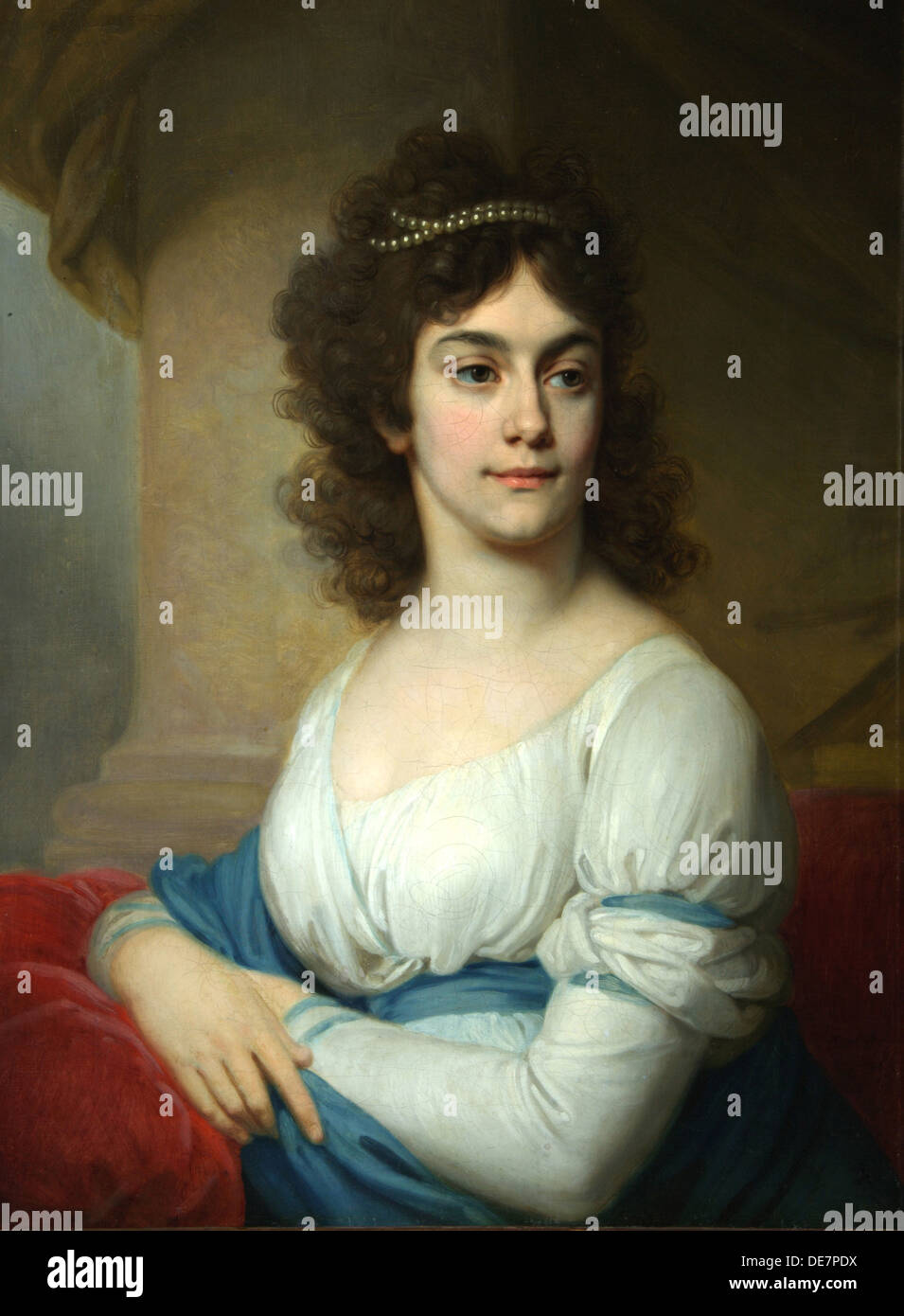 Portrait d'une Femme inconnue en robe blanche avec ruban bleu, fin 1790. Artiste : Jan Toorop, Vladimir Lukich (1757-1825) Banque D'Images