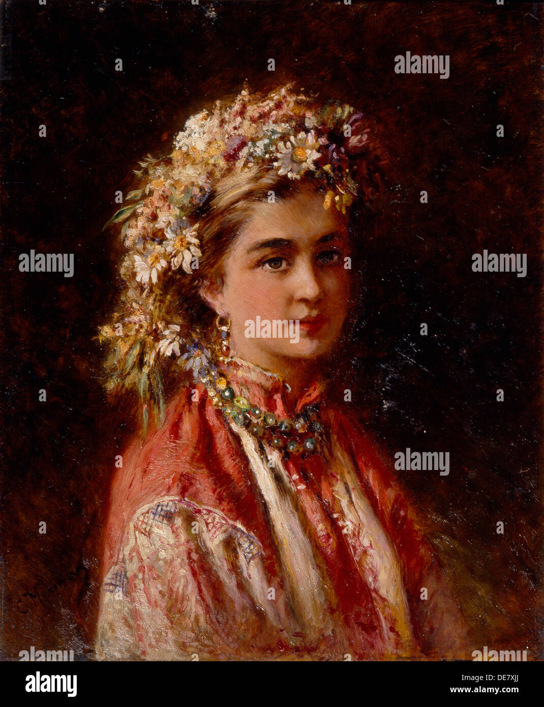 Jeune fille à la guirlande de fleurs. Artiste : Makovsky, Konstantin Yegorovich (1839-1915) Banque D'Images