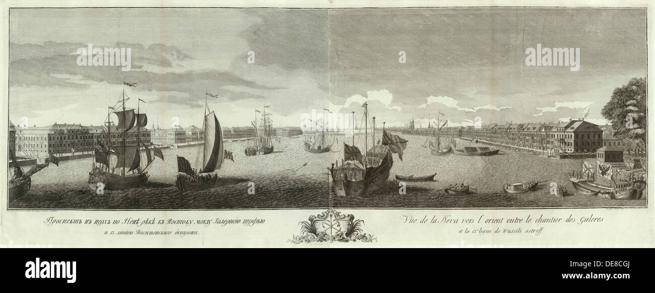 Vue sur la rivière Neva entre la cuisine et la Cour de l'île Vassilievski (livre pour le 50e anniversaire de Saint-Pétersbourg), 1753. Artiste : Elyakov, Ivan Banque D'Images