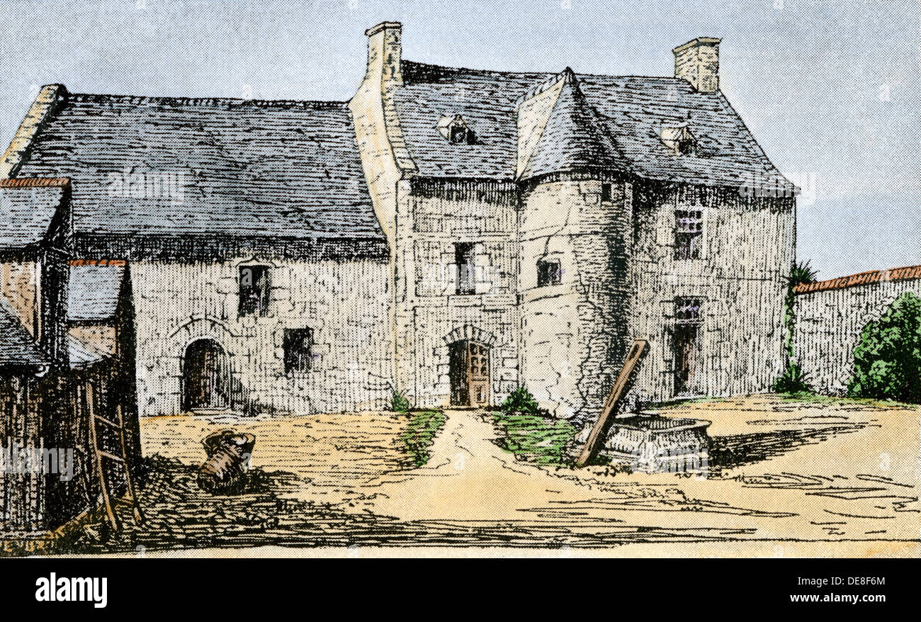 Manoir de Jacques Cartier, Saint-Malo, France. À la main, gravure sur bois Banque D'Images