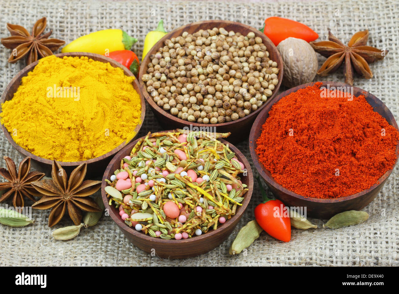Sélection de piments et d'épices indiennes Banque D'Images