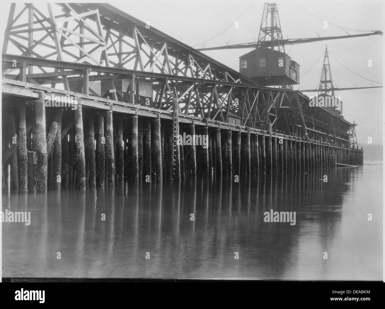 Cette photographie représente un quai de charbon, un élément clé de l'infrastructure de l'industrie charbonnière utilisé pour charger et décharger le charbon des navires et des barges. Il met en lumière le rôle des ports dans le transport du charbon à l'ère industrielle. Banque D'Images