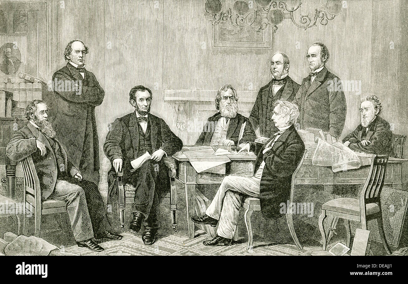 Le président Abraham Lincoln n'a la première lecture d'un projet de la proclamation d'émancipation en 1864 avec son cabinet. Banque D'Images