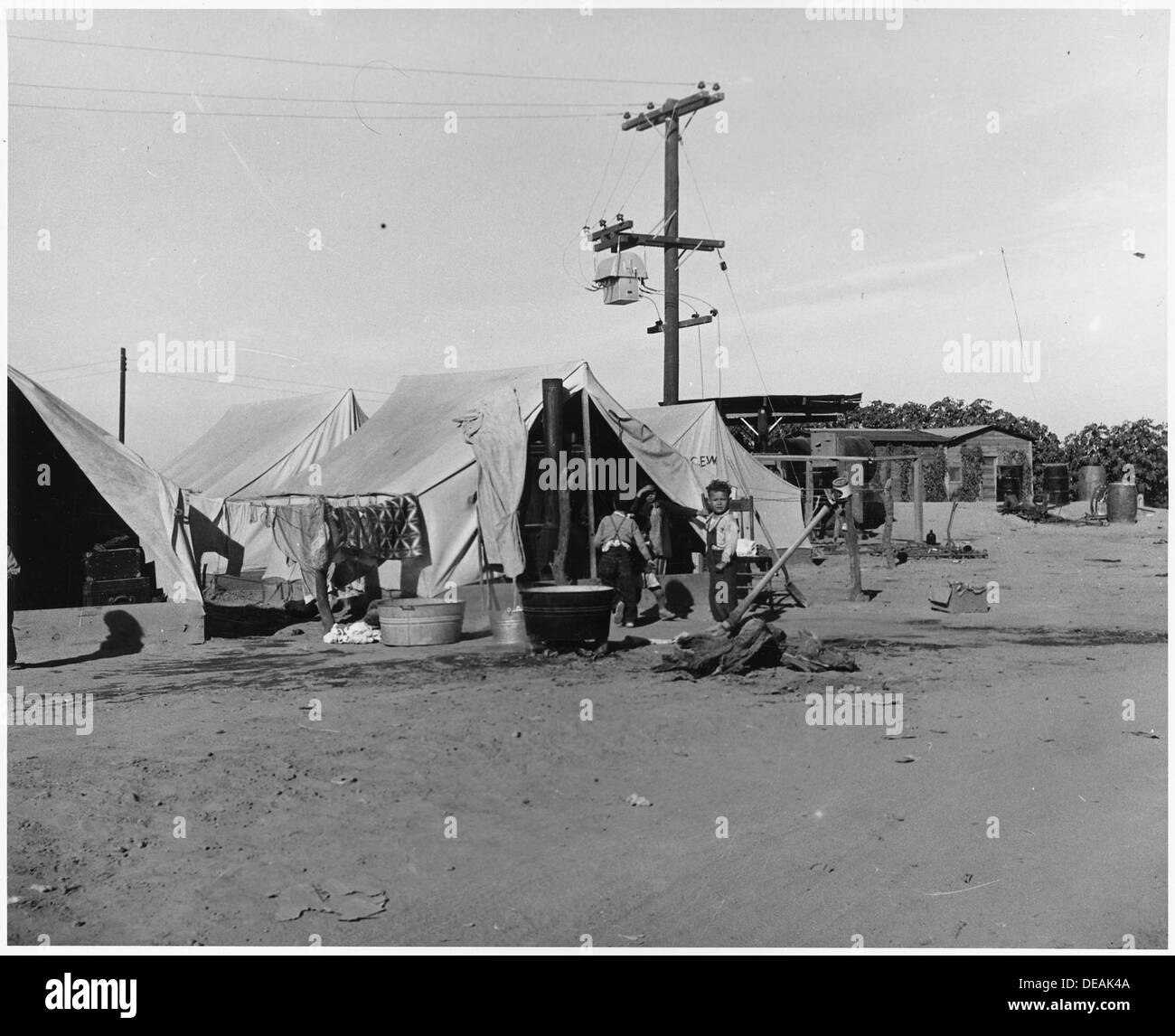 Un camp de cultivateurs pour les cueilleurs de coton migrateurs près d'Eloy, comté de Pinal, Arizona, fournissant un abri temporaire et des installations pour les travailleurs. Le camp manque d'eau courante ou d'équipements modernes. Banque D'Images