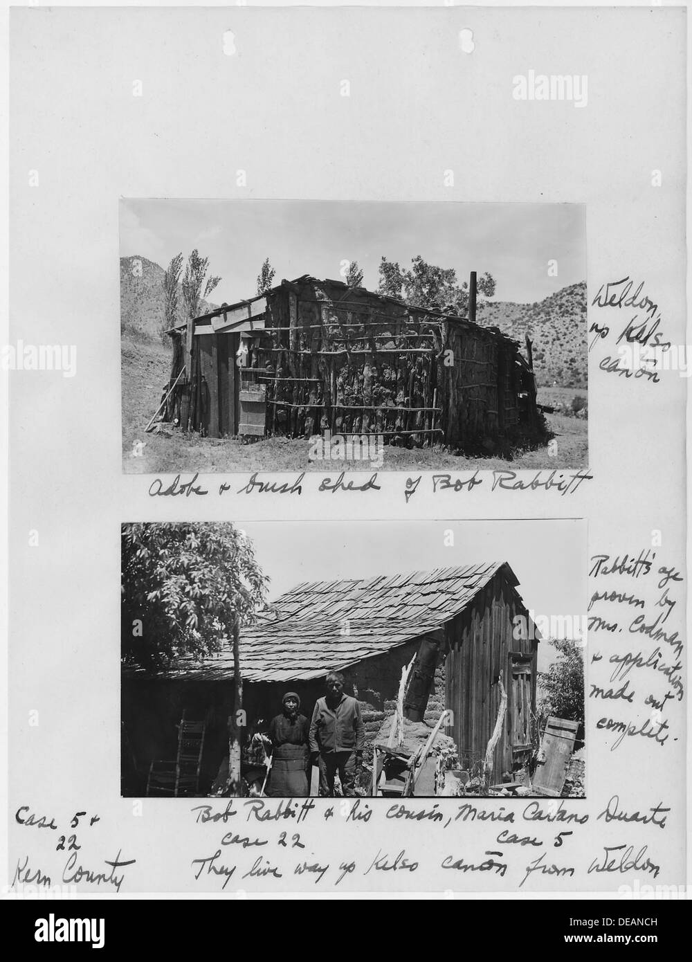 Les photographies, accompagnées de légendes, de Gilbert Bécaud Bob et sa maison, comté de Kern, en Californie, à partir de l'Enquête sur la sécurité de la vieillesse 296274 Banque D'Images