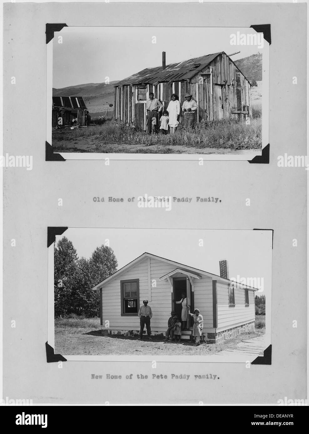 Cet ensemble de photographies représente les anciennes et nouvelles maisons de la famille Pete Paddy, présentées dans le rapport annuel de l'extension. Les images montrent la progression de la famille en termes de conditions de vie et de développement de la maison. Banque D'Images
