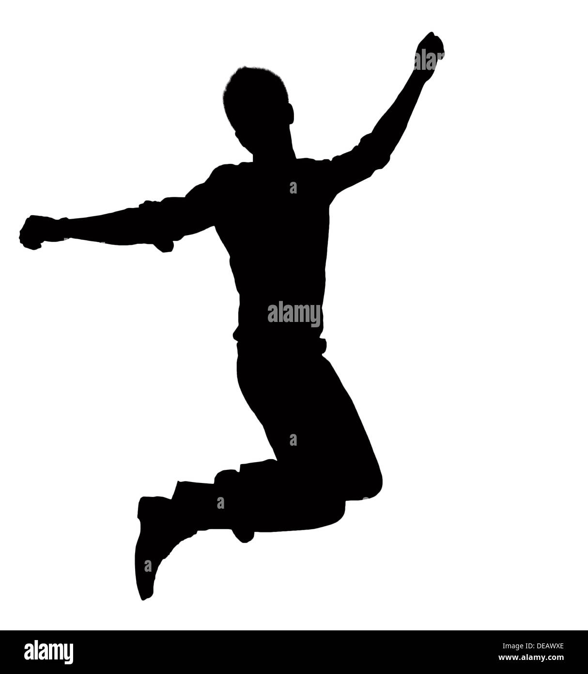 Silhouette of businessman jumping, mi-air. Banque D'Images