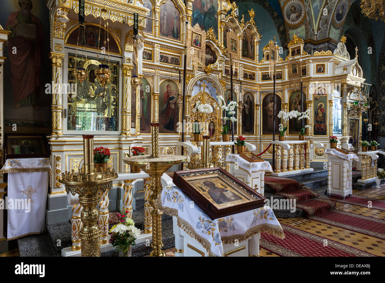 L'intérieur de l'église orthodoxe en Jableczna, iconostase, Pologne Banque D'Images