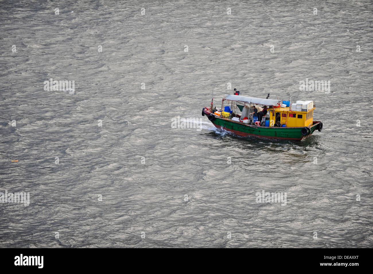 Petit bateau de pêche vert à l'œuvre dans le port de Hong Kong Banque D'Images