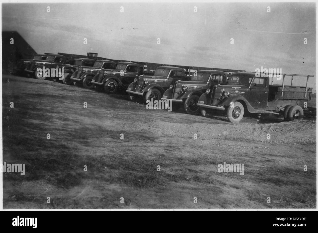 L'image montre les camions alignés dans leurs places de stationnement désignées, en attente d'instructions ou de tâches. Cette scène reflète la gestion ordonnée des véhicules de transport dans une aire de stationnement. Banque D'Images