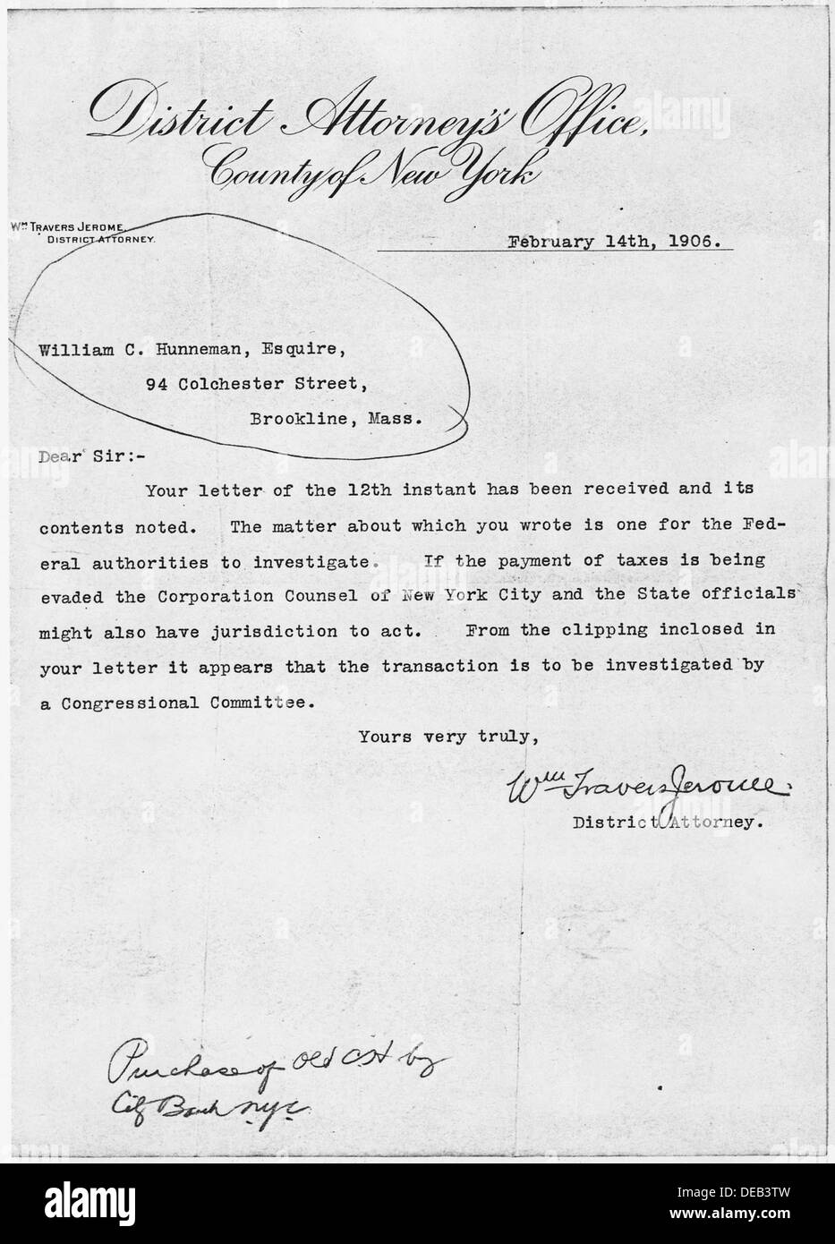 Ceci est une lettre historique de William travers Jerome à William C. Hunneman, datée du 14 février 1906. La lettre offre un aperçu des questions politiques ou juridiques du début du XXe siècle. Banque D'Images
